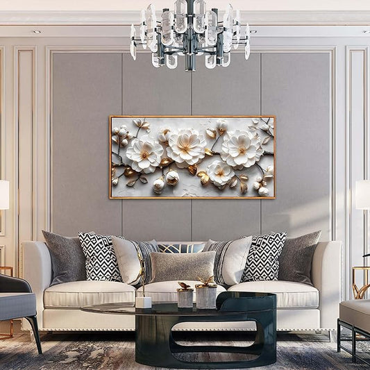 Ouzzlie Floral Wall Decorations White Pictures Modern Framed Poster Wall Art Gold Wall Decor Big Artwork 29"x 59"