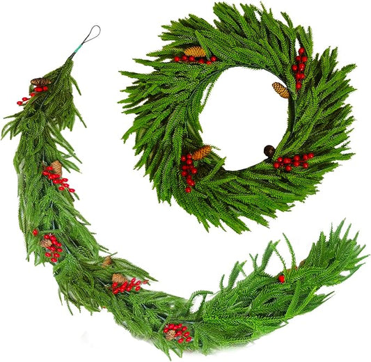 Norfolk Pine Garland and Norfolk Pine Wreath, Artificial Greenery Garland for Table, Mantle, Wall, Fireplace, Staircase-Indoor Outdoor Christmas Decorations, Wedding, Home Decor