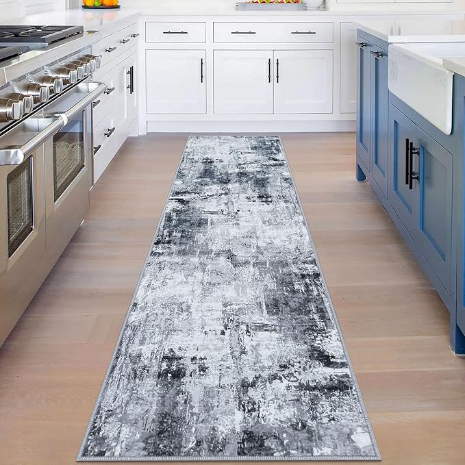 KOZYFLY Modern Abstract Rug Runner for Hallway 2x8 Grey/Black Kitchen Runner Rug Non Skid Washable Carpet Runner Laundry Room Mat Soft Fluffy Low Pile Rug for Hallway Entryway Bathroom Bedroom