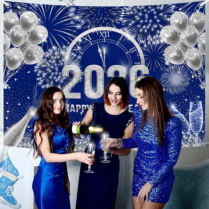 MEHOFOND 7x5 ft Blue and Silver 2026 Happy New Year Backdrop Cheers to 2026 New Year Eve Glitter Photography Background Hello 2026 Party Champagne Balloon Fireworks Decor Banner Cake Smash Photo Props