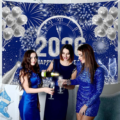 MEHOFOND 7x5 ft Blue and Silver 2026 Happy New Year Backdrop Cheers to 2026 New Year Eve Glitter Photography Background Hello 2026 Party Champagne Balloon Fireworks Decor Banner Cake Smash Photo Props