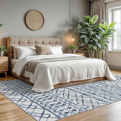 KUTA Moroccan 8x10 Rugs for Living Room Blue White, Washable Boho Area Rug Non-Slip, Ultra Soft Geometric Tribal Traditional Farmhouse Carpet for Dining Room Bedroom Dorm Office Home Decor