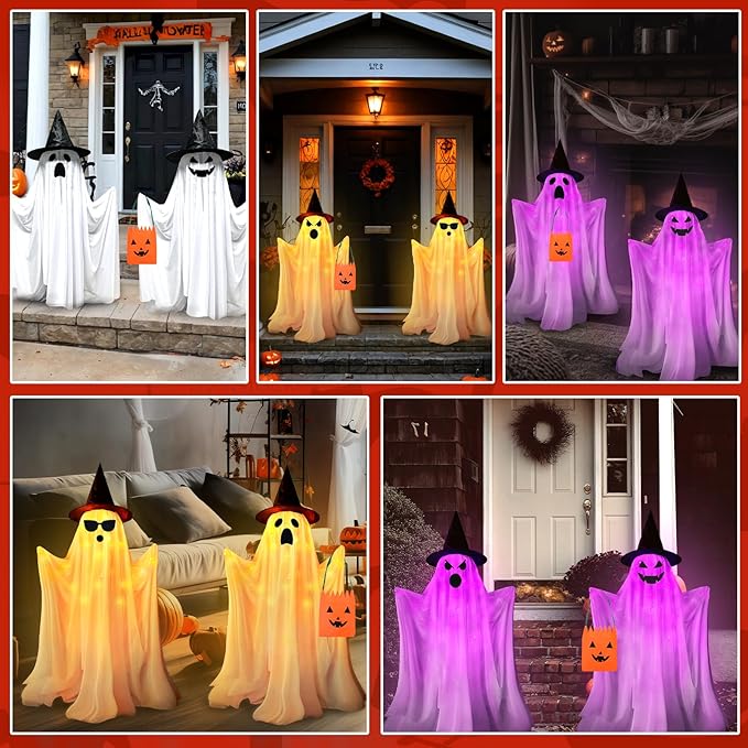 Halloween Decorations Outdoor Indoor- 2 Packs Large Light Up Ghost, Standing Ghost Decor with Weight Bags, 8 Modes Remote Ghost Kit with 2 Colors String Lights for Porches Yards Gardens Decorations
