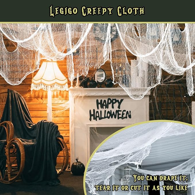 Legigo 12 Pack White Halloween Creepy Cloths Cheesecloths, Spooky Black Mesh Fabric Cheese Cloths for Crafts, Scary Gauze Fabric for Party Supplies Home Wall Doorway Outdoor Yard Decor