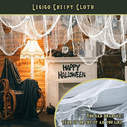 Legigo 12 Pack White Halloween Creepy Cloths Cheesecloths, Spooky Black Mesh Fabric Cheese Cloths for Crafts, Scary Gauze Fabric for Party Supplies Home Wall Doorway Outdoor Yard Decor