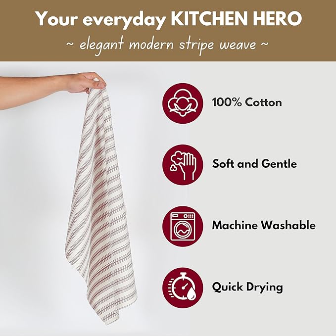 Native Fab Modern Stripe Kitchen Dish Towels, 100% Cotton, Super Absorbent, Quick Drying, 18x26 Inches - Reusable Hand Towels with Hanging Loop for Cleaning, Washing, 4 Pack, Burgundy (Maroon)