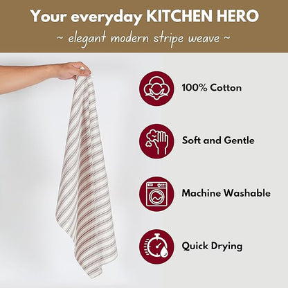 Native Fab Modern Stripe Kitchen Dish Towels, 100% Cotton, Super Absorbent, Quick Drying, 18x26 Inches - Reusable Hand Towels with Hanging Loop for Cleaning, Washing, 4 Pack, Burgundy (Maroon)