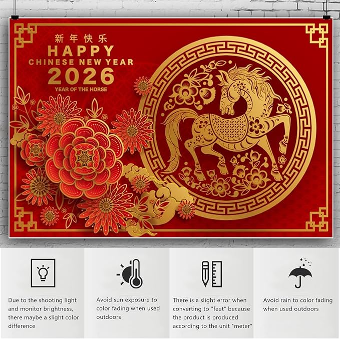 YongFoto 2026 Happy Chinese New Year Backdrop 10x5ft 2026 Lunar Year of The Horse Lucky Cloud Plum Bossom Red Gold Background Chinese Traditional Spring Festival New Year's Eve Party Banner Decor