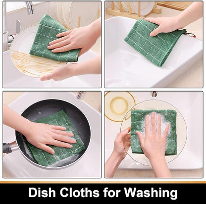 Mordimy 100% Cotton Terry Cloth Dish Cloths, Soft and Absorbent Checkered Dish Towels, Quick Drying Dish Rags for Washing Dishes, 12 Pack, 12 x 12 Inches, Grass Green