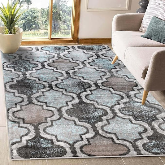 Superior Indoor Area Rug, Jute Backing, Modern Plush Rugs for Hallway, Living, Dining Room, Office, Kitchen, Geometric Trellis Floor Decor, Viking Collection, 4' x 6', Turquoise