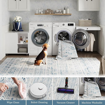 jinchan Boho Runner Rug 2x6 - Moroccan Machine Washable Non-Slip Bohemian Diamond Low-Pile Soft Runner Rug for Entryway Hallway Kitchen Bedroom Laundry Room (2‘x6', Blue)