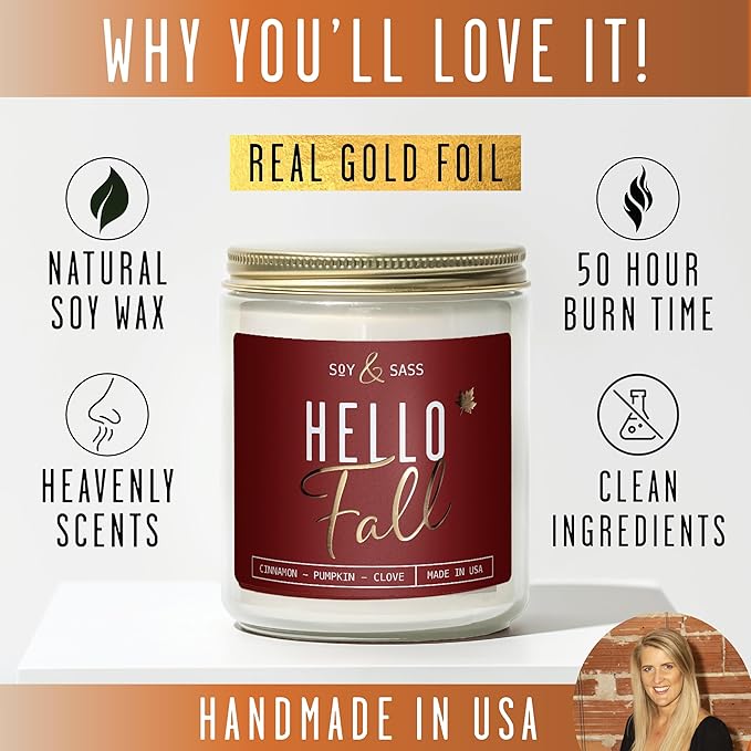 Fall Candles - 'Hello Fall Scented Candle' w/Cinnamon, Pumpkin & Fir I Infused with Essential Oils Autumn Scented Soy Candles for Home Décor, 9oz Reusable Jar, 50Hr Burn, Made in USA