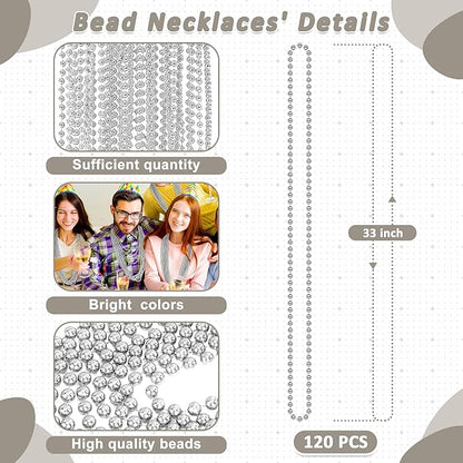 Mardi Gras Beads Necklaces, 120PCS Bead Necklace, 33 IN Mardi Gras Beads, Silver Party Beads, Parade Throws Bulk for Christmas Pirate Wedding Birthday Party Favors Supplies Decor