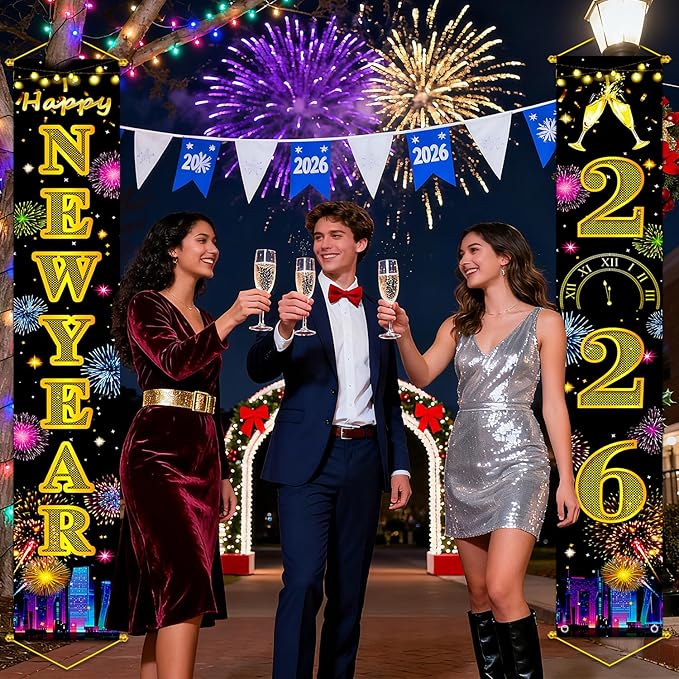 Upgraded, Ideal New Years Eve Party Supplies 2026, 300D Premium New Year Banner 2026, Large 71x12in (with 2pcs Golden hanging rod) Classic Design, HQ Fabric, HD Printing, Perfect for NYE Decorations