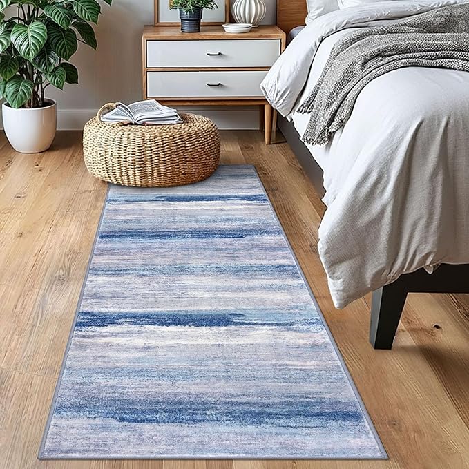 KOZYFLY Modern Abstract Kitchen Runner Rug, 2x6 Washable Rug Runner Non-Slip Soft Striped Hallway Runner Rugs, Blue/Grey/Beige Print Carpet Runner for Entryway Bathroom Laundry Room Foyer