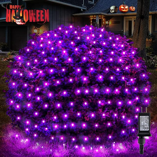 BlcTec Halloween Net Lights, 200 LED 8.2ft x 4.9ft Purple Halloween Lights with 8 Modes, Timer, Connectable, Waterproof and Green Wire Design for Trees, Bushes Outdoor Decorations