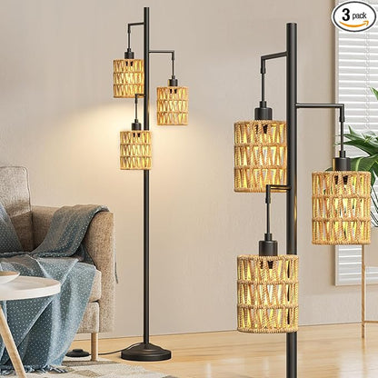 3 Lights Rattan Floor Lamps with ON/Off Foot Switch Tree Standing Lamp with Wood Rattan Lampshades Boho Floor Lamp Tall Pole Lamp for Living Room Bedroom Office, 3 PCS 6W Bulbs Included