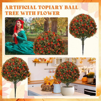 24 Fall Artificial Topiary Ball Trees with Flowers Set of 2, Outdoor Fake Topiary with Ground Spike, UV Resistant Faux Artificial Plant Bushe for Indoor Front Porch Garden(2 Pack, Orange)