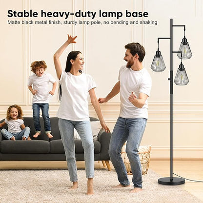 QiMH Industrial Floor Lamps for Living Room, Tree Standing Lamp with Stepless Dimmable, 68" Modern Tall Stand up Lamps for Bedroom Study Office, E26 Socket, 3 LED Bulb Included, Black