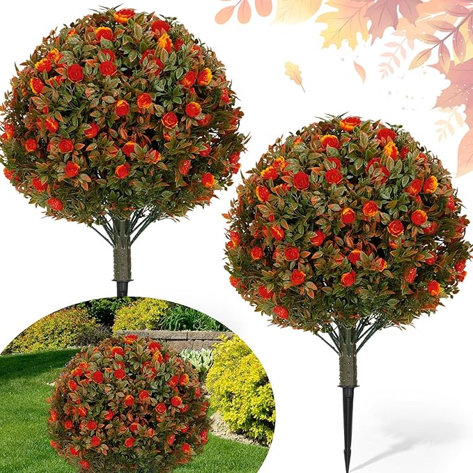 24 Fall Artificial Topiary Ball Trees with Flowers Set of 2, Outdoor Fake Topiary with Ground Spike, UV Resistant Faux Artificial Plant Bushe for Indoor Front Porch Garden(2 Pack, Orange)