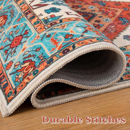 SERISSA Washable Rugs 9x12 Area Rugs, Large Non-Slip Boho Living Room Rug, Ultra Soft Vintage Orange Print Distressed Oriental Farmhouse Carpet for Dining Room Bedroom Dorm Office Home Decor