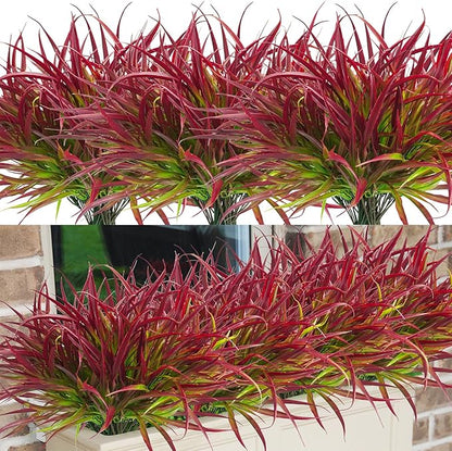 Uieke 28 Bundles Artificial Outdoor Plants UV Resistant Fake Grass Plants Faux Plastic Plants Greenery Shrubs for Home Garden Pathway Window Box Front Porch Summer Fall Decor, Deep Red