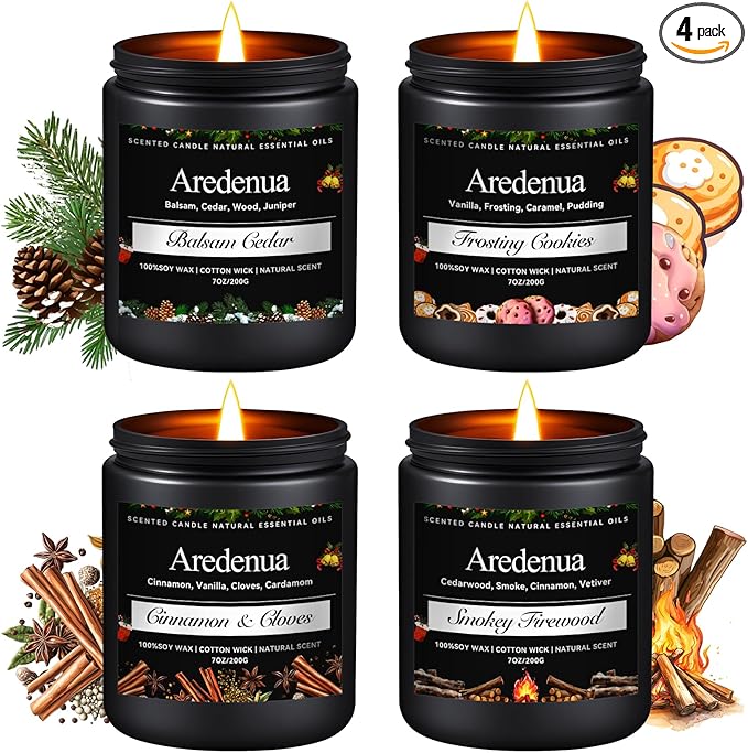 Winter Candles Set | 4 Pack Holiday Scented Candles - Cozy Winter Soy Candle Scents of Balsam Cedar/Firewood/Cinnamon & Cloves/Cookies - Holiday Aromatherapy Candle Gifts for Women Men