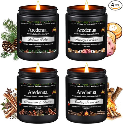 Winter Candles Set | 4 Pack Holiday Scented Candles - Cozy Winter Soy Candle Scents of Balsam Cedar/Firewood/Cinnamon & Cloves/Cookies - Holiday Aromatherapy Candle Gifts for Women Men
