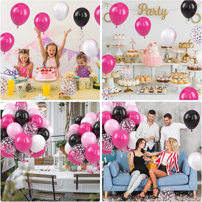 Pink and Black Balloons, 12 Inch Pink Black Balloons, Hot Pink White Pastel Confetti Latex Balloon for Girls Birthday Baby Shower Wedding Bridal Shower Party Decorations