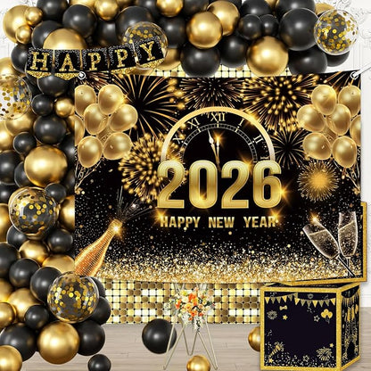 MEHOFOND 8x6ft Black and Gold 2026 Happy New Year Backdrop Cheers to 2026 New Year Eve Glitter Photography Background Hello 2026 Party Champagne Balloon Fireworks Decor Banner Cake Smash Photo Props