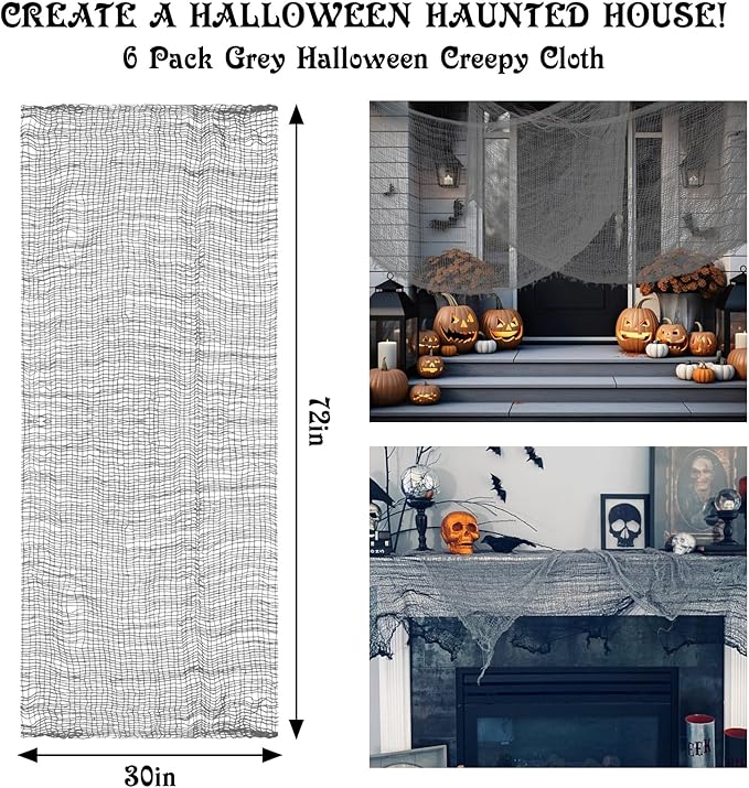 Legigo 6 Pack Grey Halloween Creepy Cloths Cheesecloths, Spooky Black Mesh Fabric Cheese Cloths for Crafts, Scary Gauze Fabric for Party Supplies Home Wall Doorway Outdoor Yard Decor