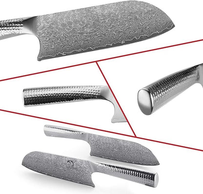 3 Pieces Damascus Kitchen Knife Set with 8” Chef Knife, 7” Santoku Knife, 3.5” Paring Knife, 67 Layer Handmade Damascus VG10 Steel Core, Hammered Ergonomic Handle (Gift Box)