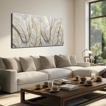 JuhaiArt Feather Canvas Art for Living Room Bedroom Home Office White Wall Picture 24" x 48" Gold Wall Decor Art Artwork Poster
