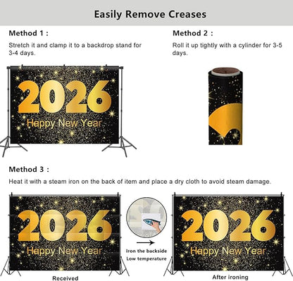 YongFoto 2026 Happy New Year Backdrop 6x4ft Gold Photography Background Merry Christmas Night Festival Carnival Family Celebration Party Banquet Decor Banner Photoshoot Wallpaper Photo Booth