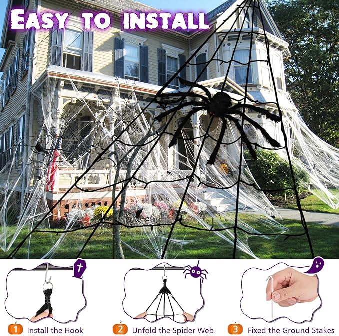 Halloween Decorations Outdoor, Halloween Spider Web Lights, 19.7FT 250 Purple LED Large Spiders Web with Plush Artificial Spider, 8 Light Modes Waterproof Lighted Decor for Yard, Haunted House