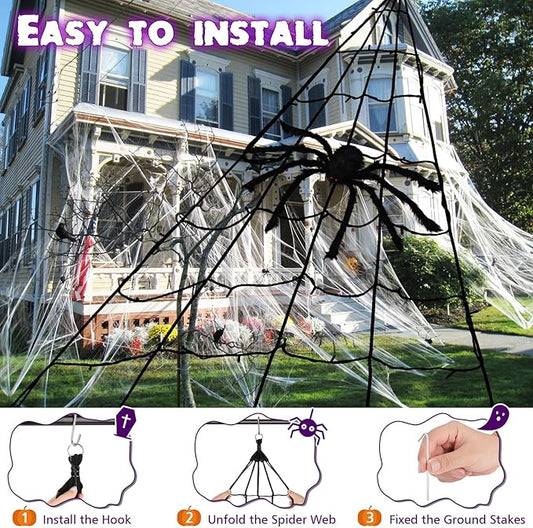 Halloween Decorations Outdoor, Halloween Spider Web Lights, 19.7FT 250 Purple LED Large Spiders Web with Plush Artificial Spider, 8 Light Modes Waterproof Lighted Decor for Yard, Haunted House