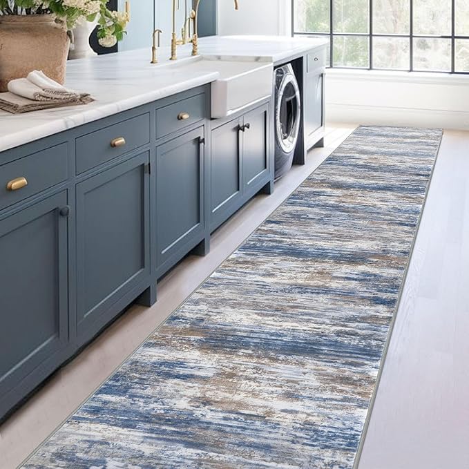 KOZYFLY Modern Abstract Washable Rug Runner 2.6x16 Hallway Rug Runner Non-Slip Soft Kitchen Runner Rugs, Blue Rust Striped Carpet for Entryway Bathroom Laundry Room Foyer