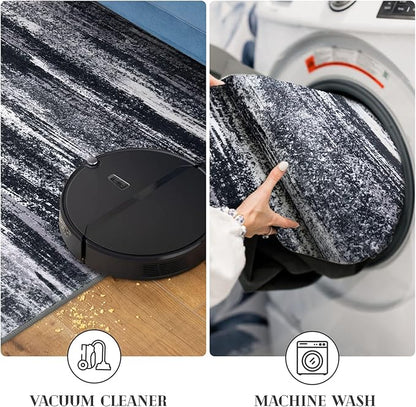 Modern Abstract Runner Rug 2x5, Black Grey Washable Kitchen Runner Entryway Rug Mat Non-Slip Soft Hallway Rug Runner Thin Print Faux Wool Carpet for Bedroom Laundry Room Indoor
