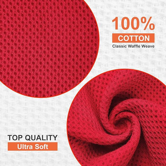 Kitinjoy 100% Cotton Kitchen Dish Cloths, 8 Pack Waffle Weave Ultra Soft Absorbent Dish Towels for Drying Dishes Quick Drying Kitchen Towels Dish Rags, 12 X 12 Inches, Red