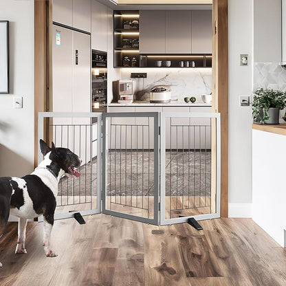 ZJSF Freestanding Dog Gate Indoor, Foldable Dog Fence for Doorways,Hallways or Stairs, Sturdy Wood Extra Wide Pet Gate with Support Feet,Grey,32 "Height-3 Panels