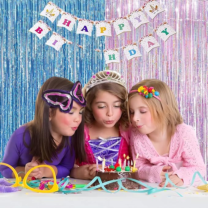 BRAVESHINE Pink Blue Tinsel Foil Fringe Curtains - 2Pcs 3.2x8.2ft Holidays Photo Streamers Backdrop for Christmas/Mermaid/Princess/Easter/Girl or Boy Birthdays/Bridal Shower Party Supplies Decorations