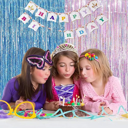 BRAVESHINE Pink Blue Tinsel Foil Fringe Curtains - 2Pcs 3.2x8.2ft Holidays Photo Streamers Backdrop for Christmas/Mermaid/Princess/Easter/Girl or Boy Birthdays/Bridal Shower Party Supplies Decorations