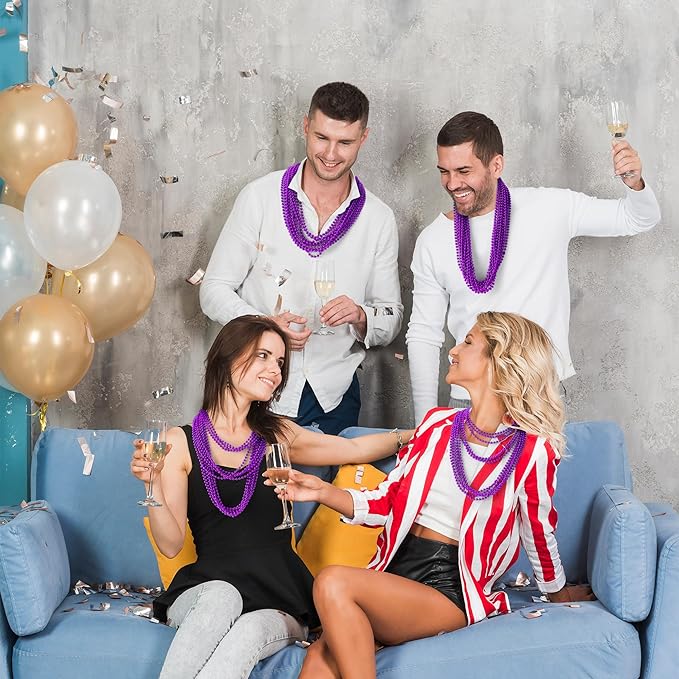 YAXINRUI 144 PCS Purple Bead Necklace, Purple Mardi Gras Beads, Halloween Beads Necklaces, 33 Inch Round Beaded Necklace Costume Necklace for Mardi Gras Christmas Halloween Party Favors