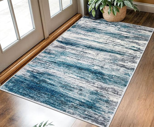 KOZYFLY 3x5 Area Rug Modern Ombre Rug for Bedroom, Washable Rug Non-Slip Soft Striped Living Room Area Rug, Print Blue Abstract Carpet for Laundry Nursery