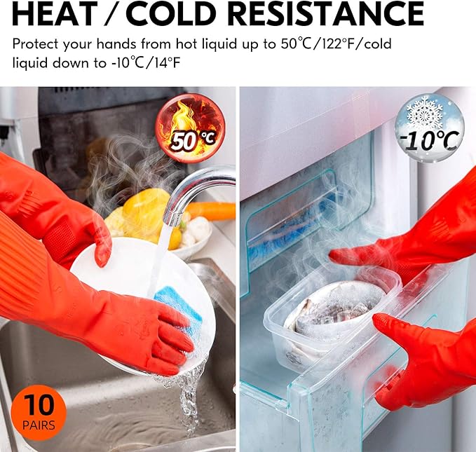 Vgo... 10-Pairs Dishwashing Gloves, Reusable Household Gloves, Long Sleeve, Thick Latex, Cleaning, Washing, Working, Painting, Gardening, Pet Care (Size L, Red, RB2143)