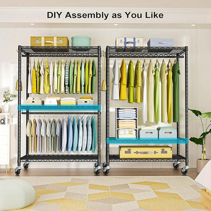 P3 Plus Rolling Clothes Rack, Clothing Racks for Hanging Clothes, Heavy Duty Garment Rack with Wheels, Freestanding Portable Closet Rack 45" W x 14" D x 78.5" H, Max Load 480 LBS, Black