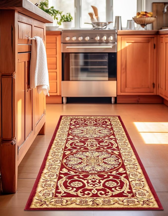 Rugs.com Chateau Collection Rug – 10 Ft Runner Red Medium-Pile Rug Perfect for Hallways, Entryways