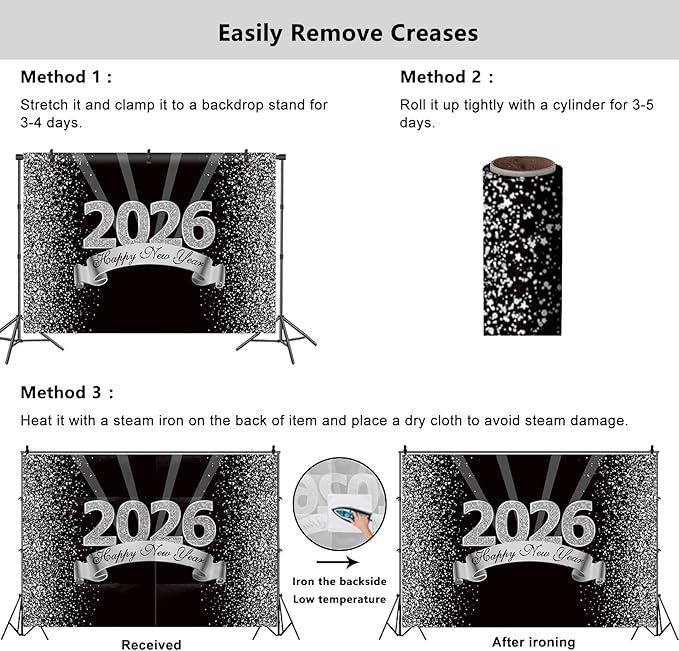 YongFoto 2026 Happy New Year Backdrop 5x3ft Black Silver Photography Background Merry Christmas Night Festival Carnival Celebration Party Banquet Decor Banner Photoshoot Wallpaper Photo Booth