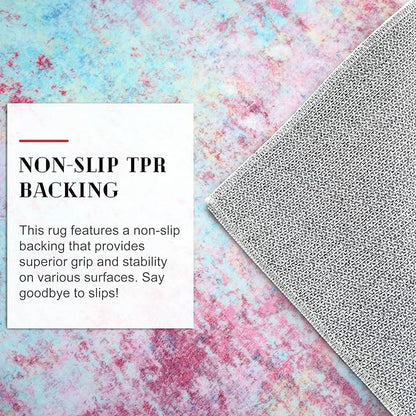Modern Abstract 3x5 Girls Room Rug, Machine Washable Blush Pink Sky Blue Entryway Rug, Thin Kitchen Mat Non-Slip, Print Faux Wool Soft Floor Carpet for Girl Women's Bedroom Bedside