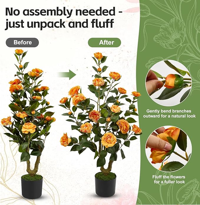 40" Artificial Camellia Tree 2 Pack,Faux Floral Plant Fake Trees with Orange Blooming Flowers,Artificial Plants Greenery Potted Plant for Outdoor Indoor Home Porch Decor